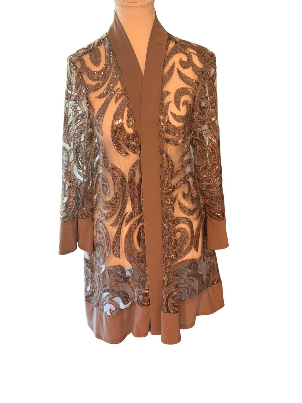 R&M Richard’s Sequin Swirl Open Front Cardigan in Taupe